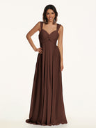 KissDress-Breona Espresso A Line Chiffon Off the Shoulder Twisted Long Bridesmaid Dress