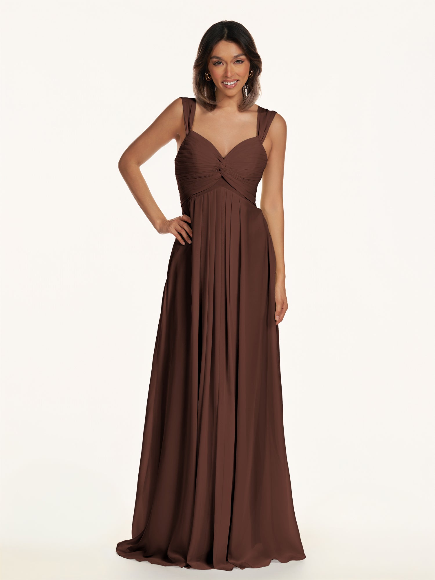 KissDress-Breona Espresso A Line Chiffon Off the Shoulder Twisted Long Bridesmaid Dress