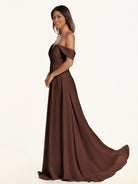 KissDress-Breona Espresso A Line Chiffon Off the Shoulder Twisted Long Bridesmaid Dress