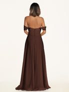 KissDress-Breona Espresso A Line Chiffon Off the Shoulder Twisted Long Bridesmaid Dress