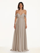 KissDress-Breona Frost A Line Chiffon Off the Shoulder Twisted Long Bridesmaid Dress