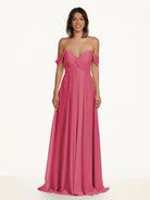 KissDress-Breona Fuchsia A Line Chiffon Off the Shoulder Twisted Long Bridesmaid Dress