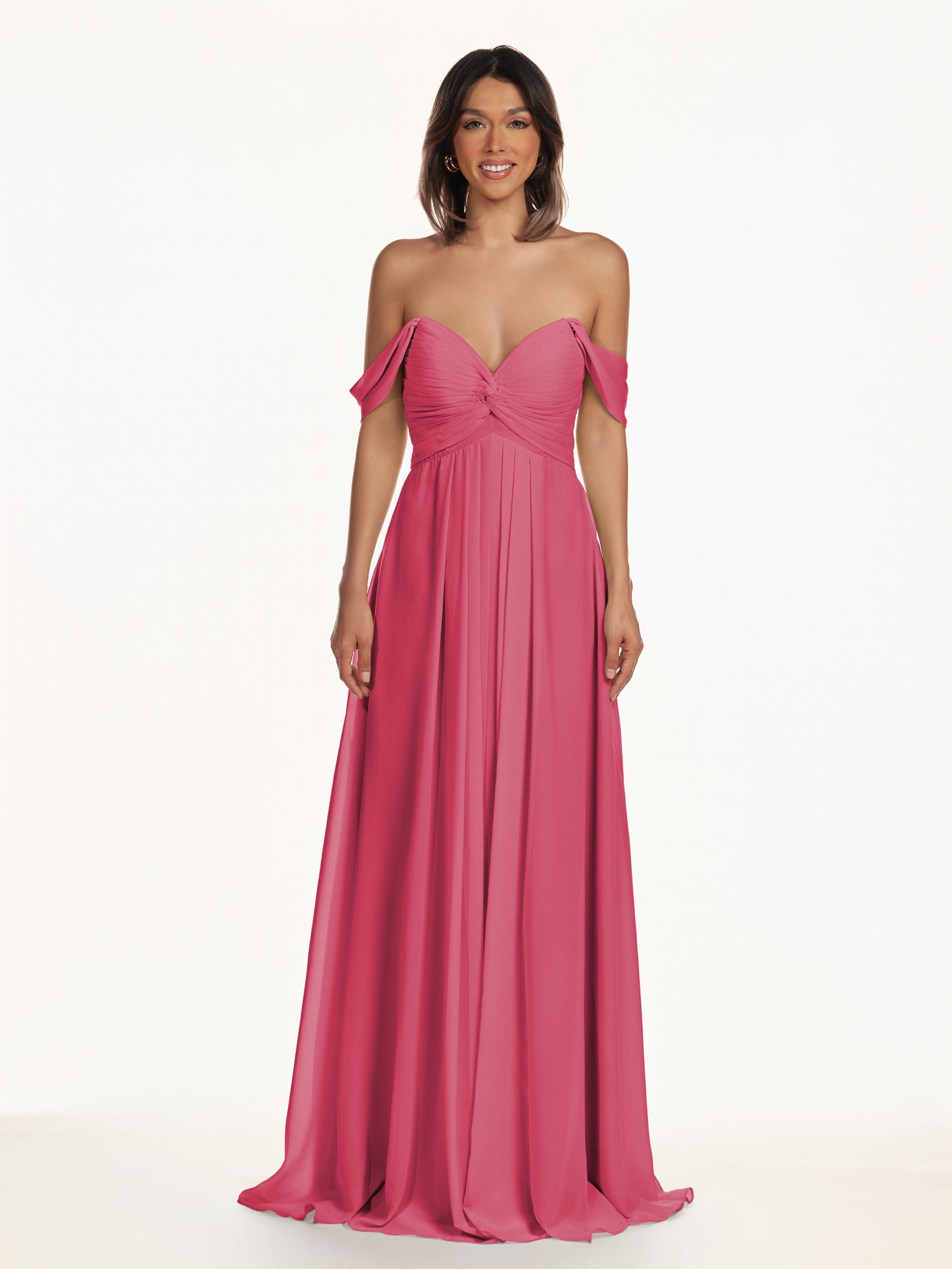 KissDress-Breona Fuchsia A Line Chiffon Off the Shoulder Twisted Long Bridesmaid Dress