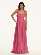 KissDress-Breona Fuchsia A Line Chiffon Off the Shoulder Twisted Long Bridesmaid Dress