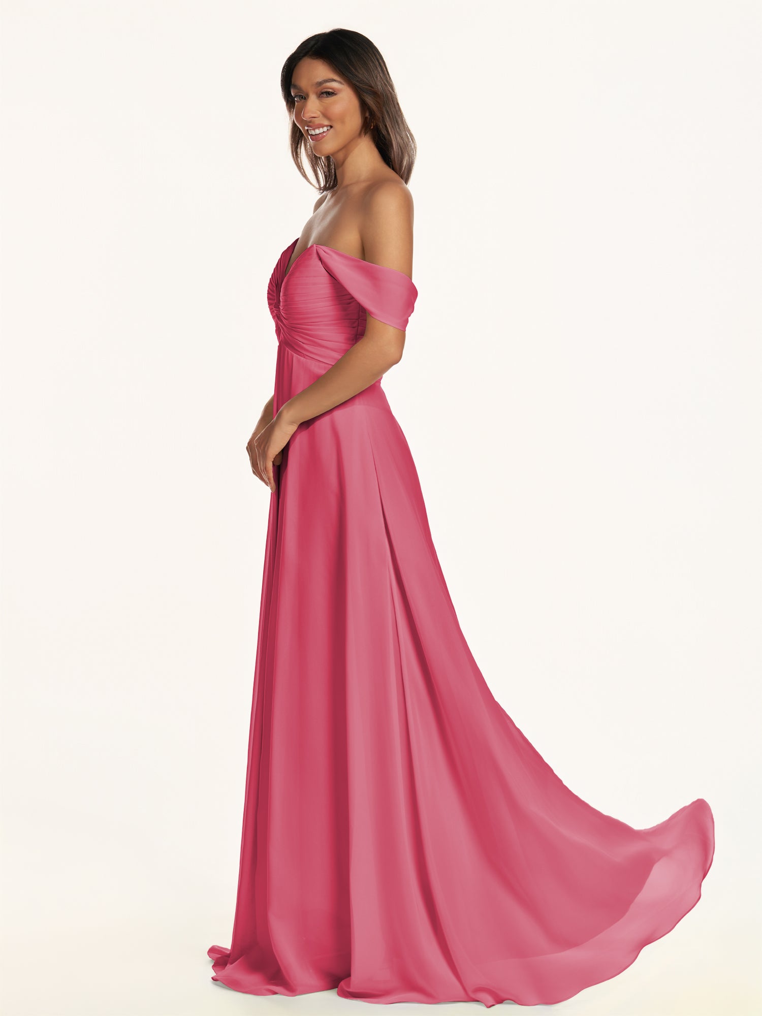 KissDress-Breona Fuchsia A Line Chiffon Off the Shoulder Twisted Long Bridesmaid Dress