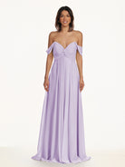 KissDress-Breona Lavender A Line Chiffon Off the Shoulder Twisted Long Bridesmaid Dress