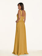 KissDress-Breona Marigold A Line Chiffon Off the Shoulder Twisted Long Bridesmaid Dress