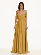 KissDress-Breona Marigold A Line Chiffon Off the Shoulder Twisted Long Bridesmaid Dress