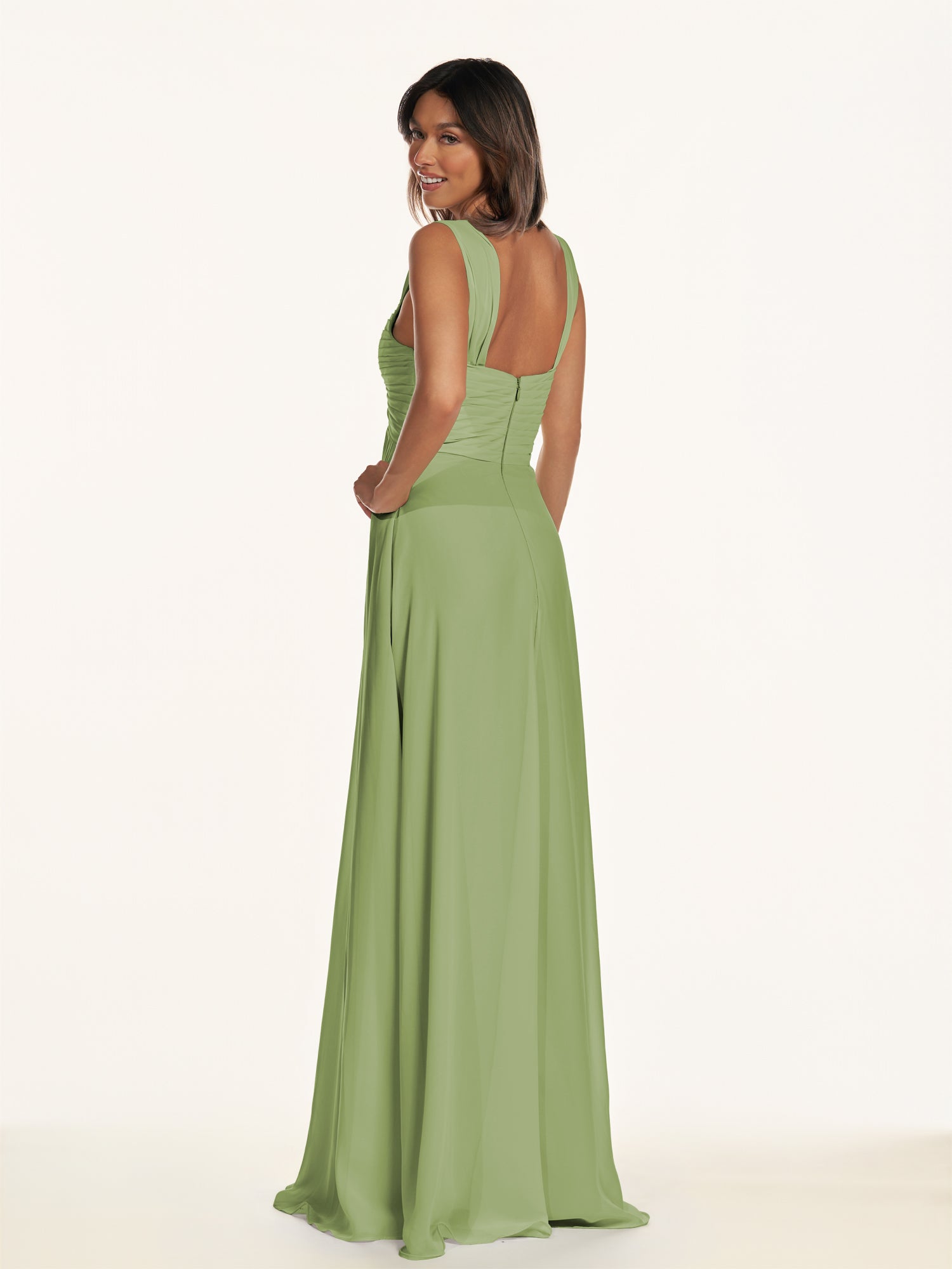 KissDress-Breona Matcha A Line Chiffon Off the Shoulder Twisted Long Bridesmaid Dress
