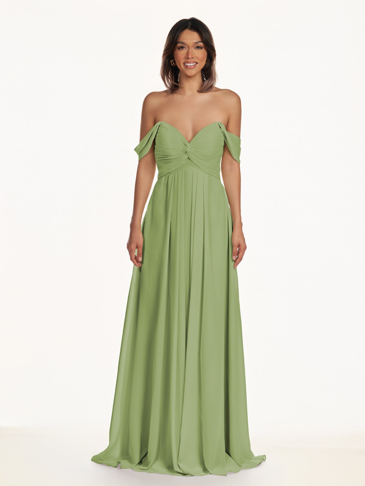 KissDress-Breona Matcha A Line Chiffon Off the Shoulder Twisted Long Bridesmaid Dress