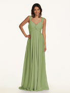 KissDress-Breona Matcha A Line Chiffon Off the Shoulder Twisted Long Bridesmaid Dress