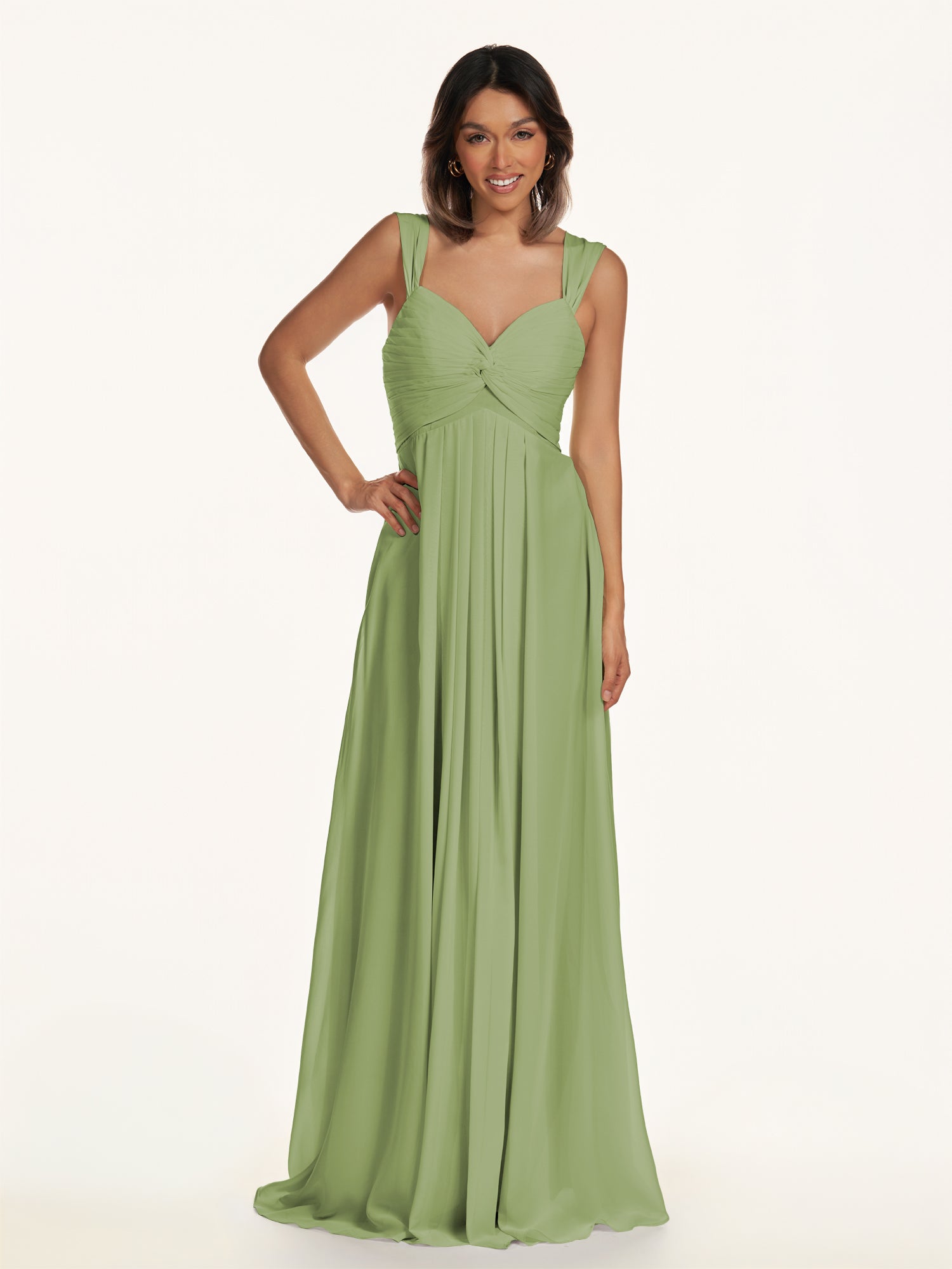 KissDress-Breona Matcha A Line Chiffon Off the Shoulder Twisted Long Bridesmaid Dress