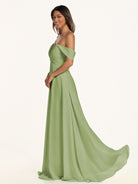 KissDress-Breona Matcha A Line Chiffon Off the Shoulder Twisted Long Bridesmaid Dress