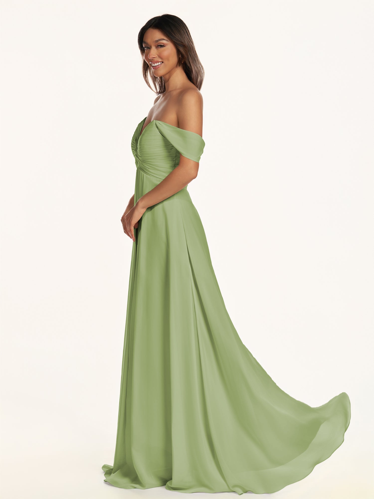KissDress-Breona Matcha A Line Chiffon Off the Shoulder Twisted Long Bridesmaid Dress