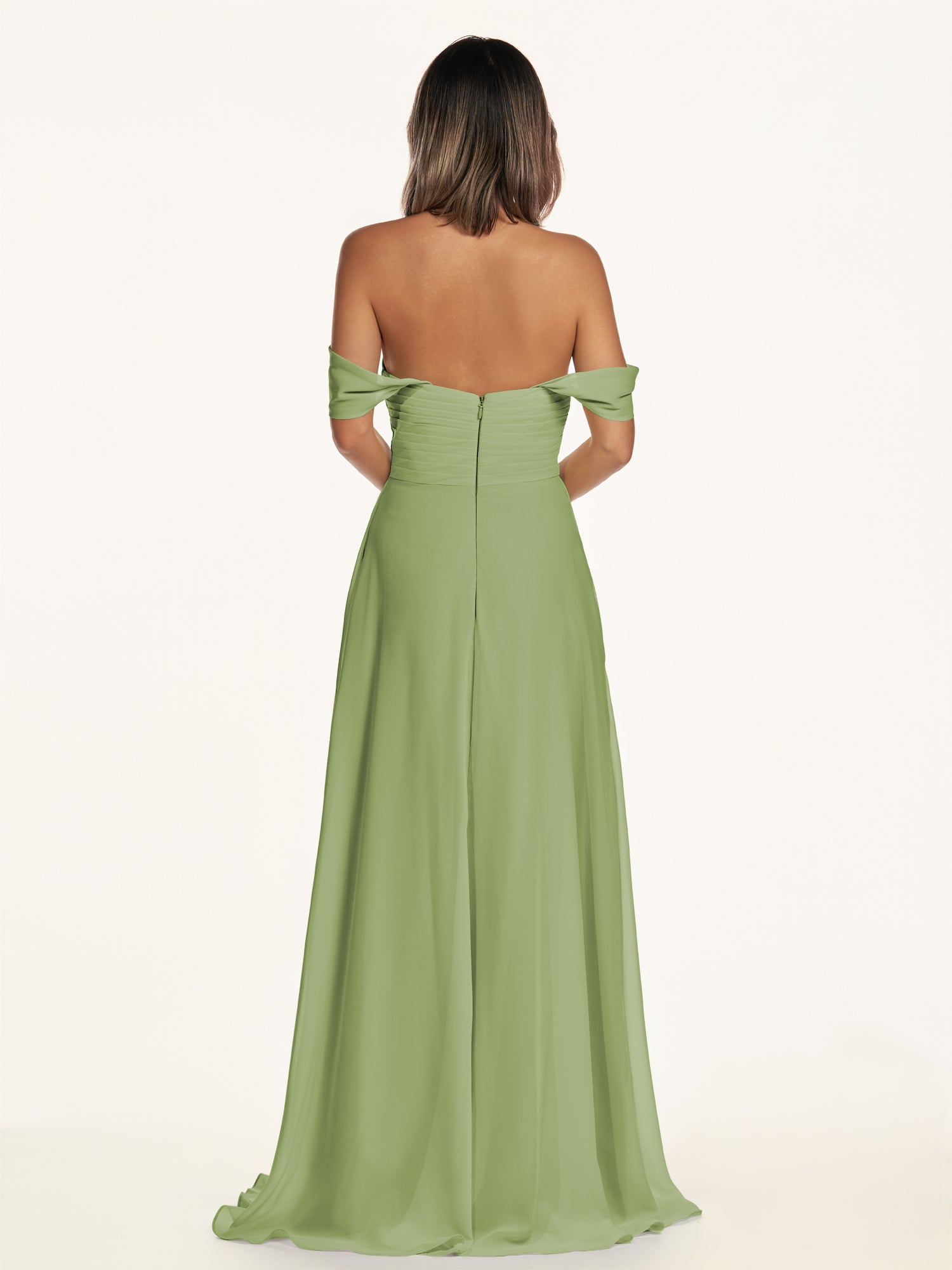 KissDress-Breona Matcha A Line Chiffon Off the Shoulder Twisted Long Bridesmaid Dress