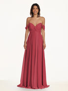 KissDress-Breona Merlot A Line Chiffon Off the Shoulder Twisted Long Bridesmaid Dress