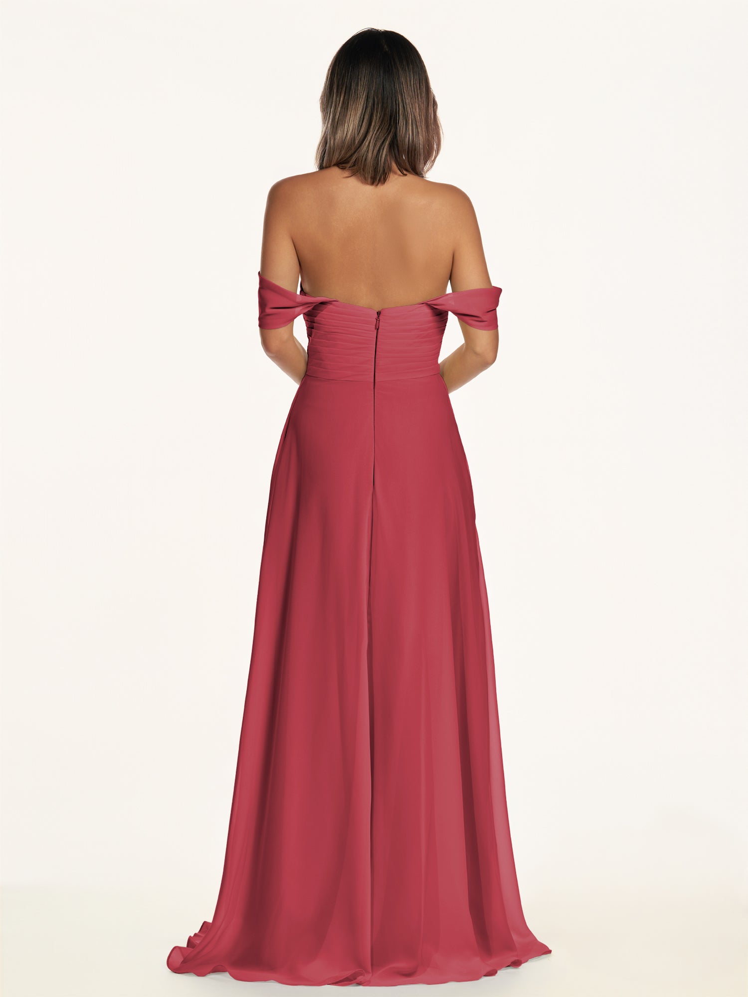 KissDress-Breona Merlot A Line Chiffon Off the Shoulder Twisted Long Bridesmaid Dress