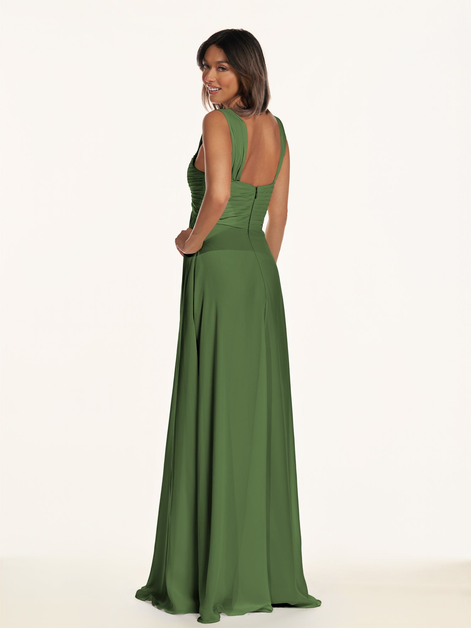 KissDress-Breona Moss A Line Chiffon Off the Shoulder Twisted Long Bridesmaid Dress