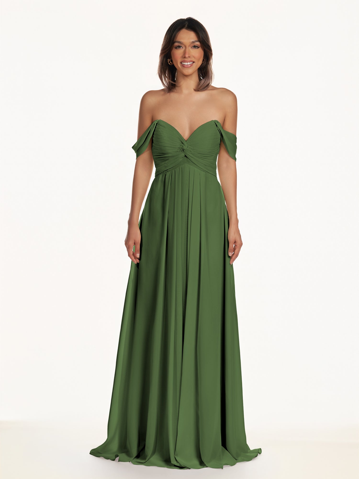 KissDress-Breona Moss A Line Chiffon Off the Shoulder Twisted Long Bridesmaid Dress