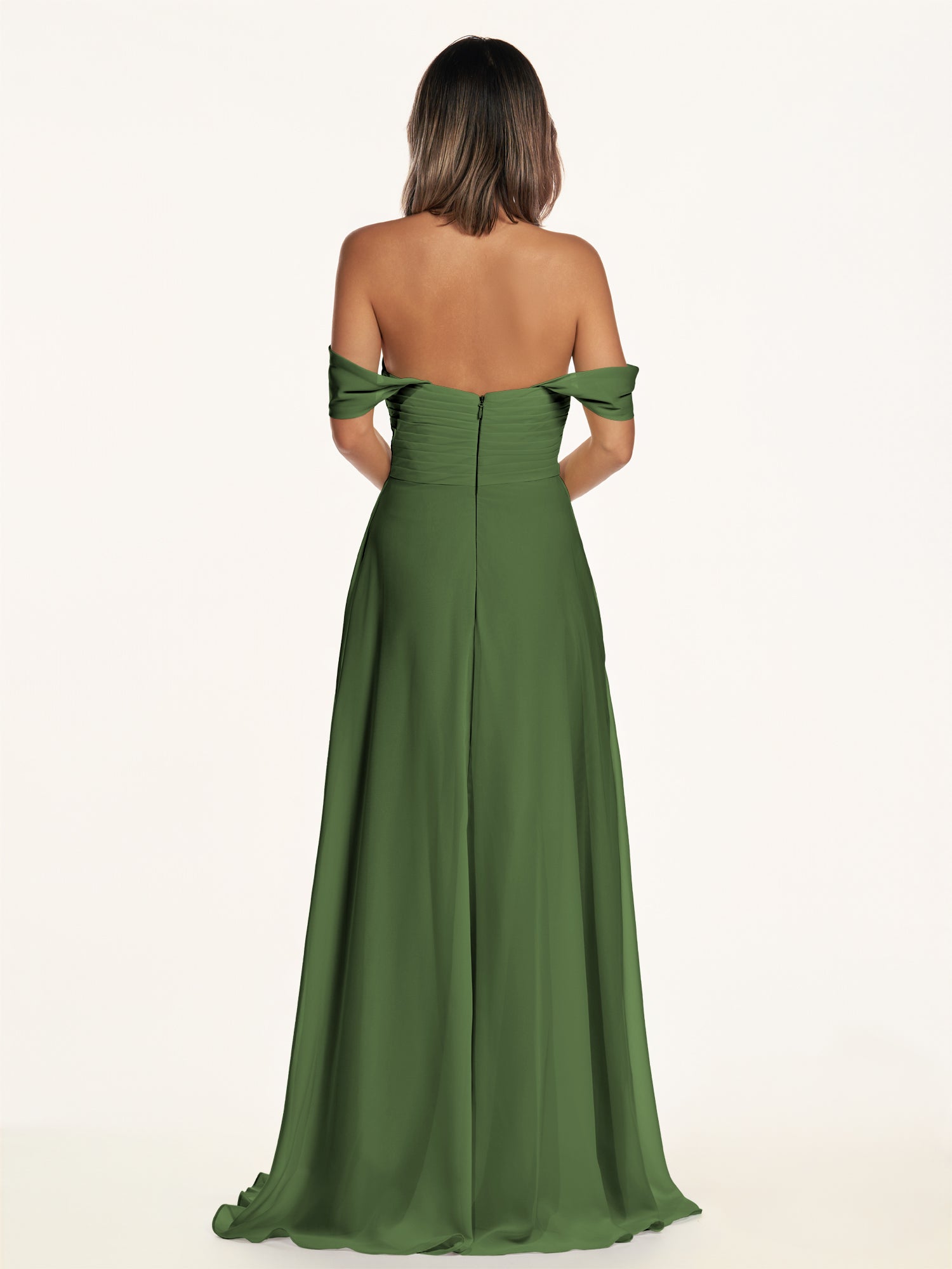 KissDress-Breona Moss A Line Chiffon Off the Shoulder Twisted Long Bridesmaid Dress