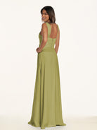 KissDress-Breona Moss Green A Line Chiffon Off the Shoulder Twisted Long Bridesmaid Dress