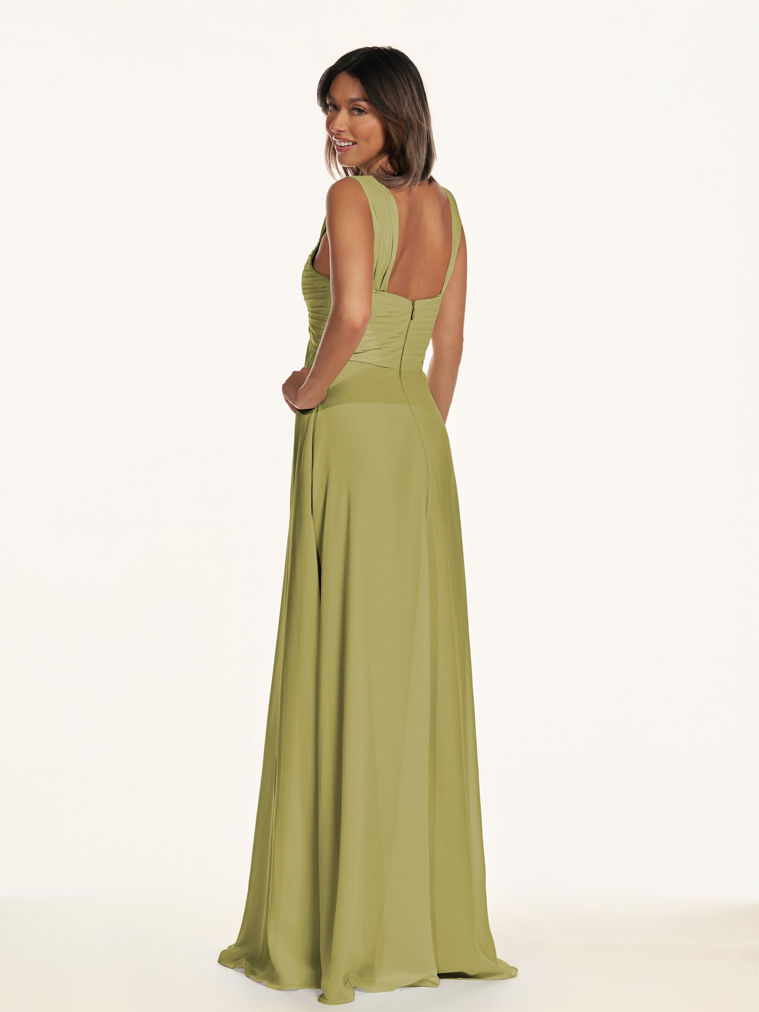 KissDress-Breona Moss Green A Line Chiffon Off the Shoulder Twisted Long Bridesmaid Dress