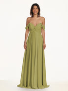 KissDress-Breona Moss Green A Line Chiffon Off the Shoulder Twisted Long Bridesmaid Dress