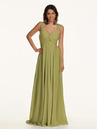 KissDress-Breona Moss Green A Line Chiffon Off the Shoulder Twisted Long Bridesmaid Dress