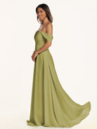 KissDress-Breona Moss Green A Line Chiffon Off the Shoulder Twisted Long Bridesmaid Dress