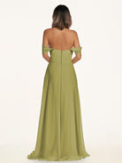 KissDress-Breona Moss Green A Line Chiffon Off the Shoulder Twisted Long Bridesmaid Dress