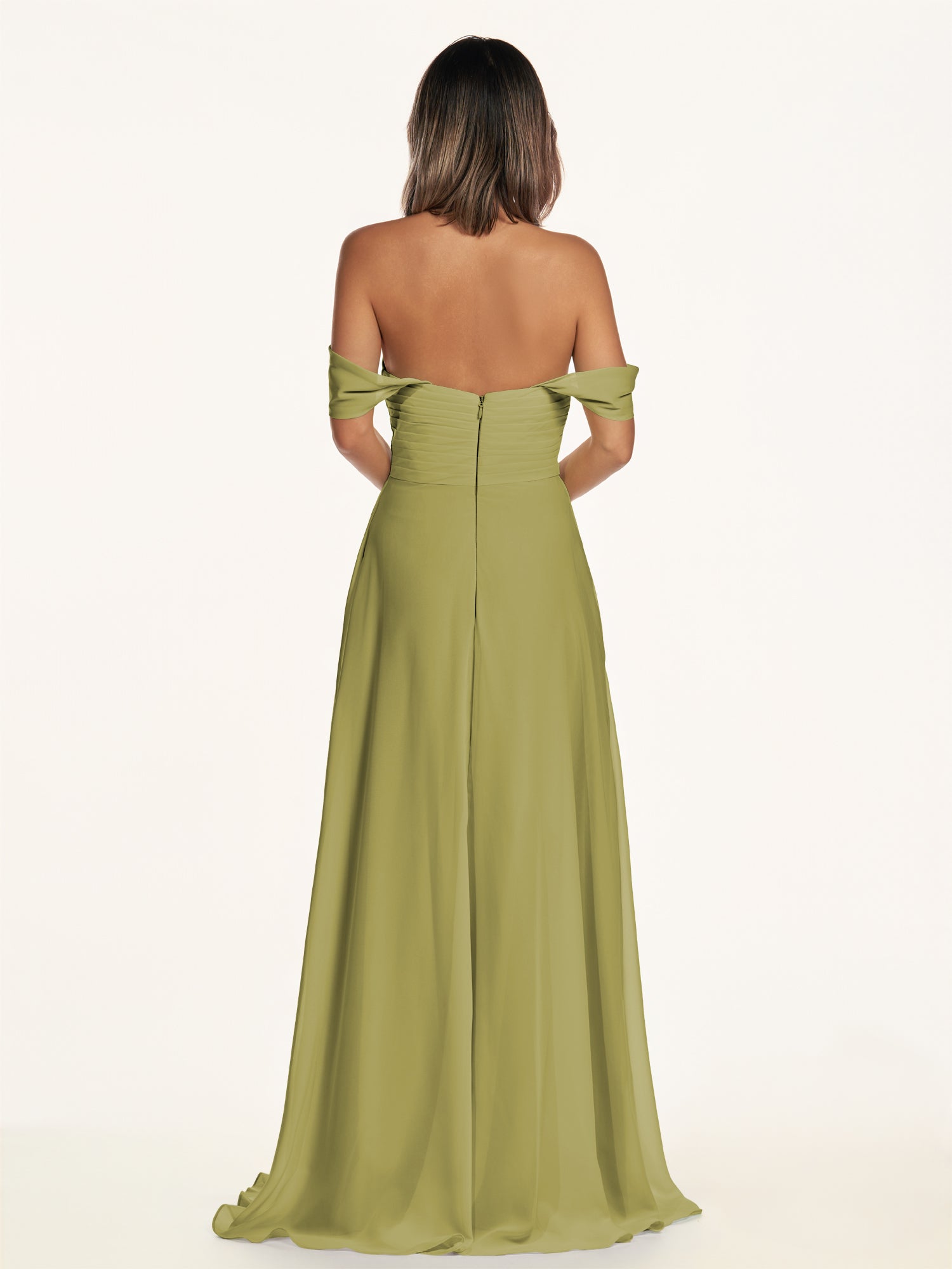 KissDress-Breona Moss Green A Line Chiffon Off the Shoulder Twisted Long Bridesmaid Dress