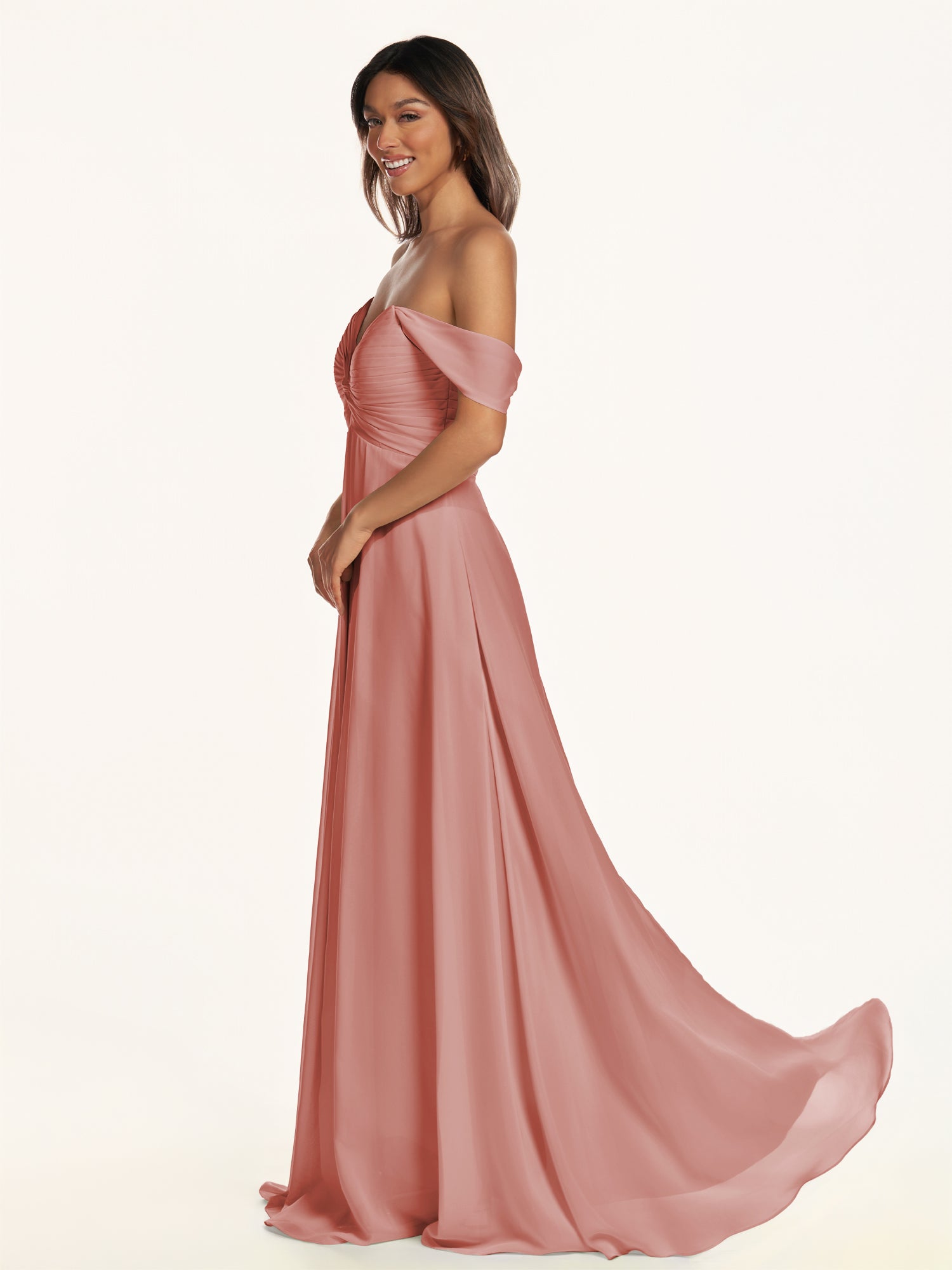 KissDress-Breona Mulberry A Line Chiffon Off the Shoulder Twisted Long Bridesmaid Dress
