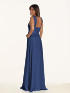 KissDress-Breona Navy A Line Chiffon Off the Shoulder Twisted Long Bridesmaid Dress