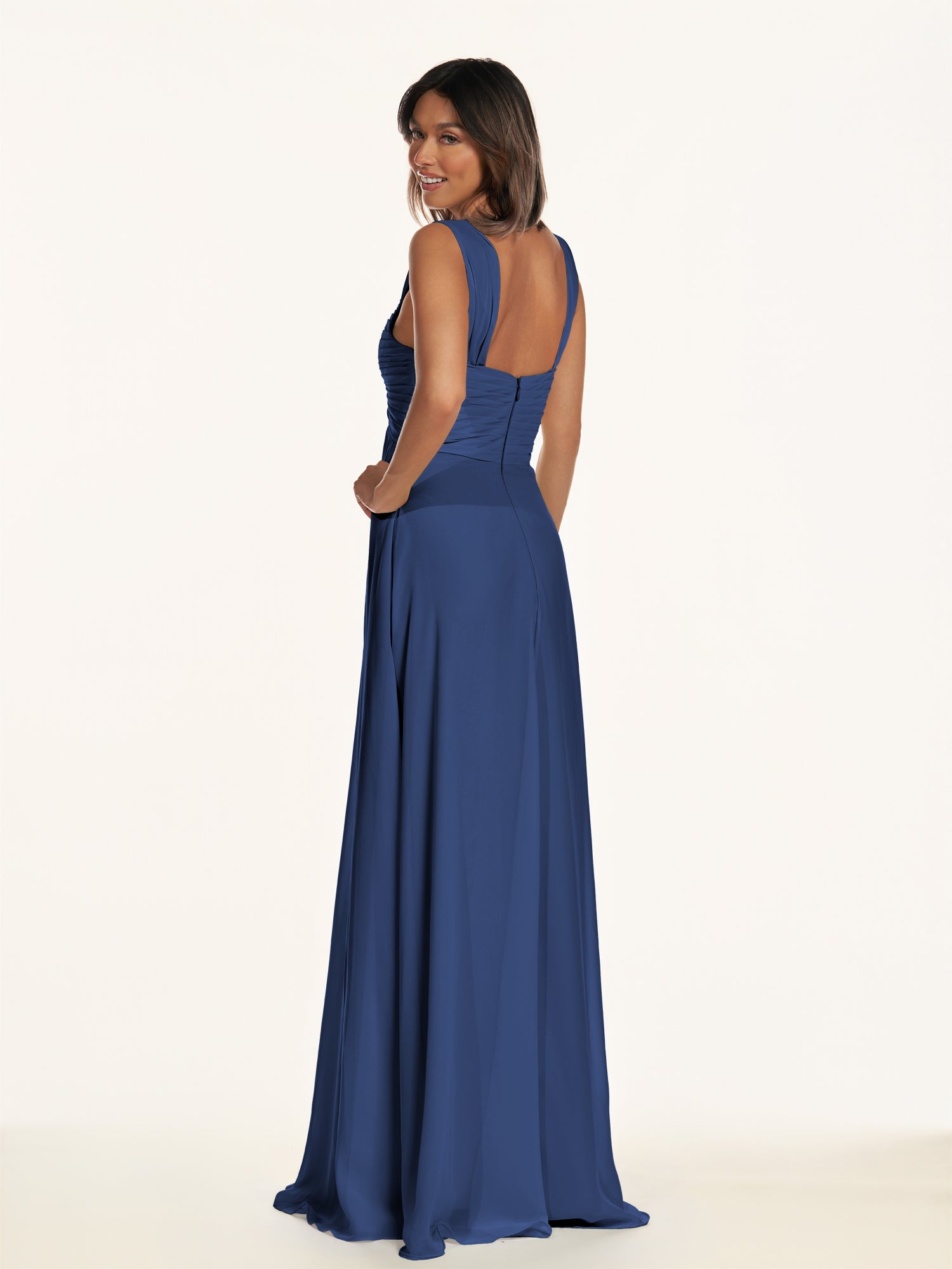 KissDress-Breona Navy A Line Chiffon Off the Shoulder Twisted Long Bridesmaid Dress