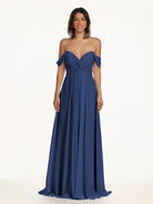 KissDress-Breona Navy A Line Chiffon Off the Shoulder Twisted Long Bridesmaid Dress