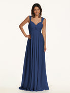 KissDress-Breona Navy A Line Chiffon Off the Shoulder Twisted Long Bridesmaid Dress