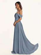 KissDress-Breona Neptune A Line Chiffon Off the Shoulder Twisted Long Bridesmaid Dress