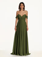 KissDress-Breona Olive A Line Chiffon Off the Shoulder Twisted Long Bridesmaid Dress