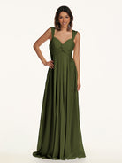 KissDress-Breona Olive A Line Chiffon Off the Shoulder Twisted Long Bridesmaid Dress