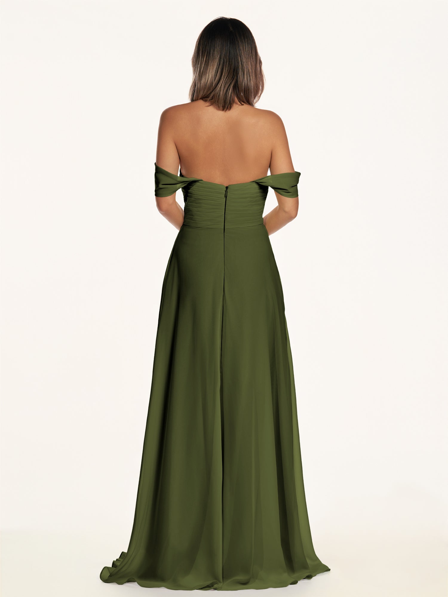 KissDress-Breona Olive A Line Chiffon Off the Shoulder Twisted Long Bridesmaid Dress