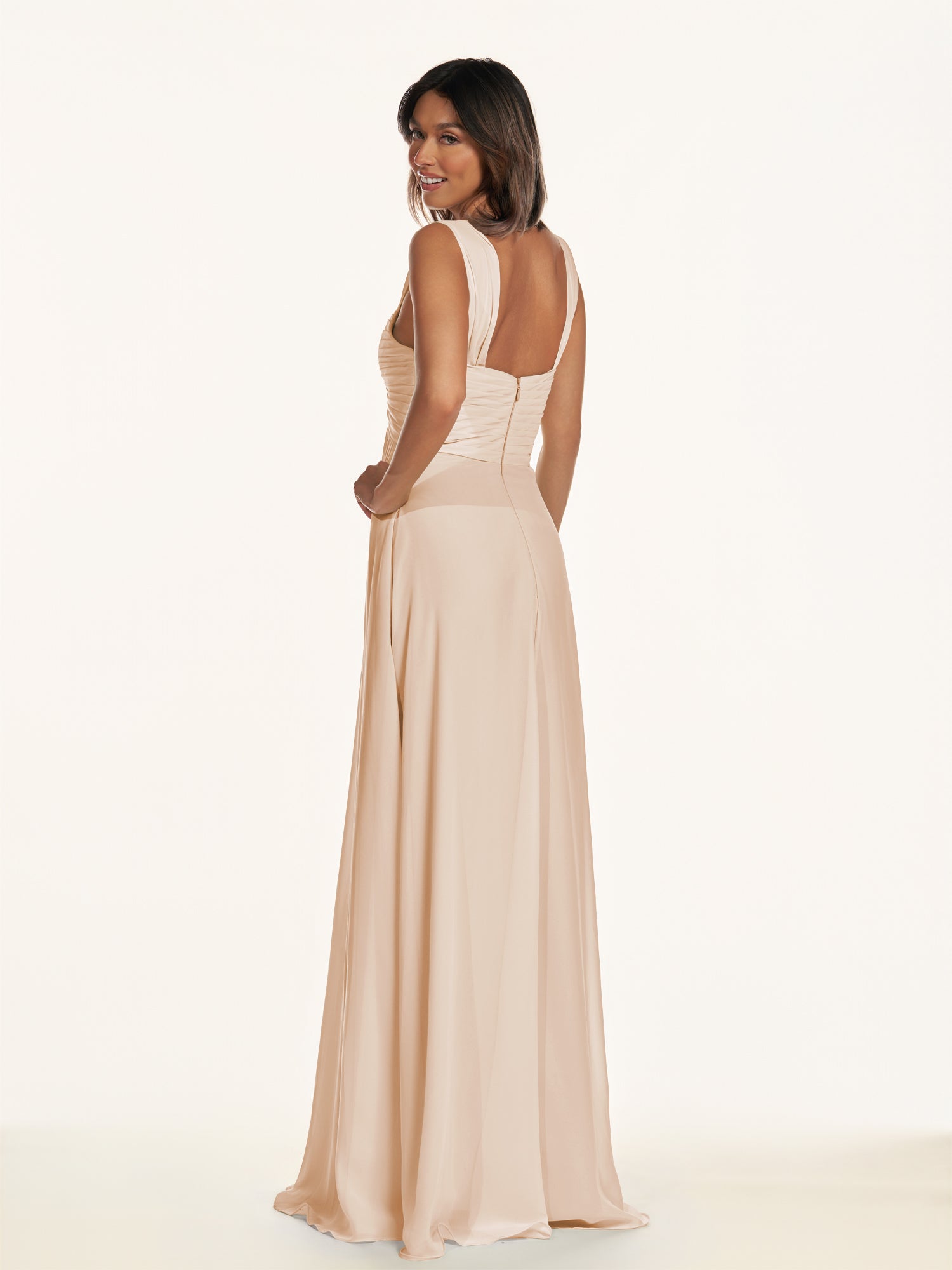 KissDress-Breona Pale Blush A Line Chiffon Off the Shoulder Twisted Long Bridesmaid Dress