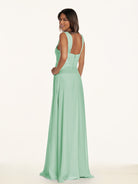 KissDress-Breona Pale Pistachio A Line Chiffon Off the Shoulder Twisted Long Bridesmaid Dress