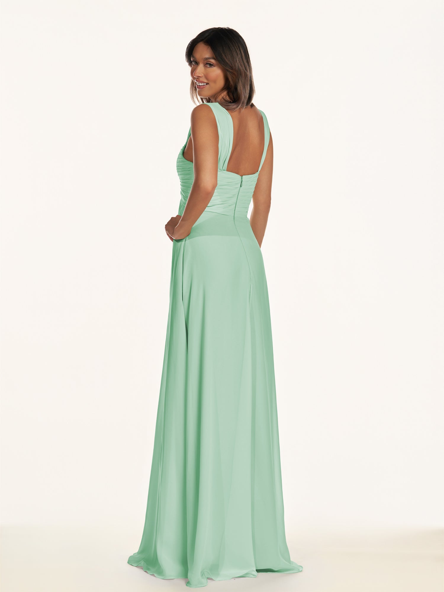 KissDress-Breona Pale Pistachio A Line Chiffon Off the Shoulder Twisted Long Bridesmaid Dress