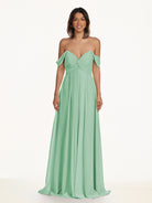 KissDress-Breona Pale Pistachio A Line Chiffon Off the Shoulder Twisted Long Bridesmaid Dress