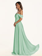 KissDress-Breona Pale Pistachio A Line Chiffon Off the Shoulder Twisted Long Bridesmaid Dress