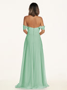 KissDress-Breona Pale Pistachio A Line Chiffon Off the Shoulder Twisted Long Bridesmaid Dress