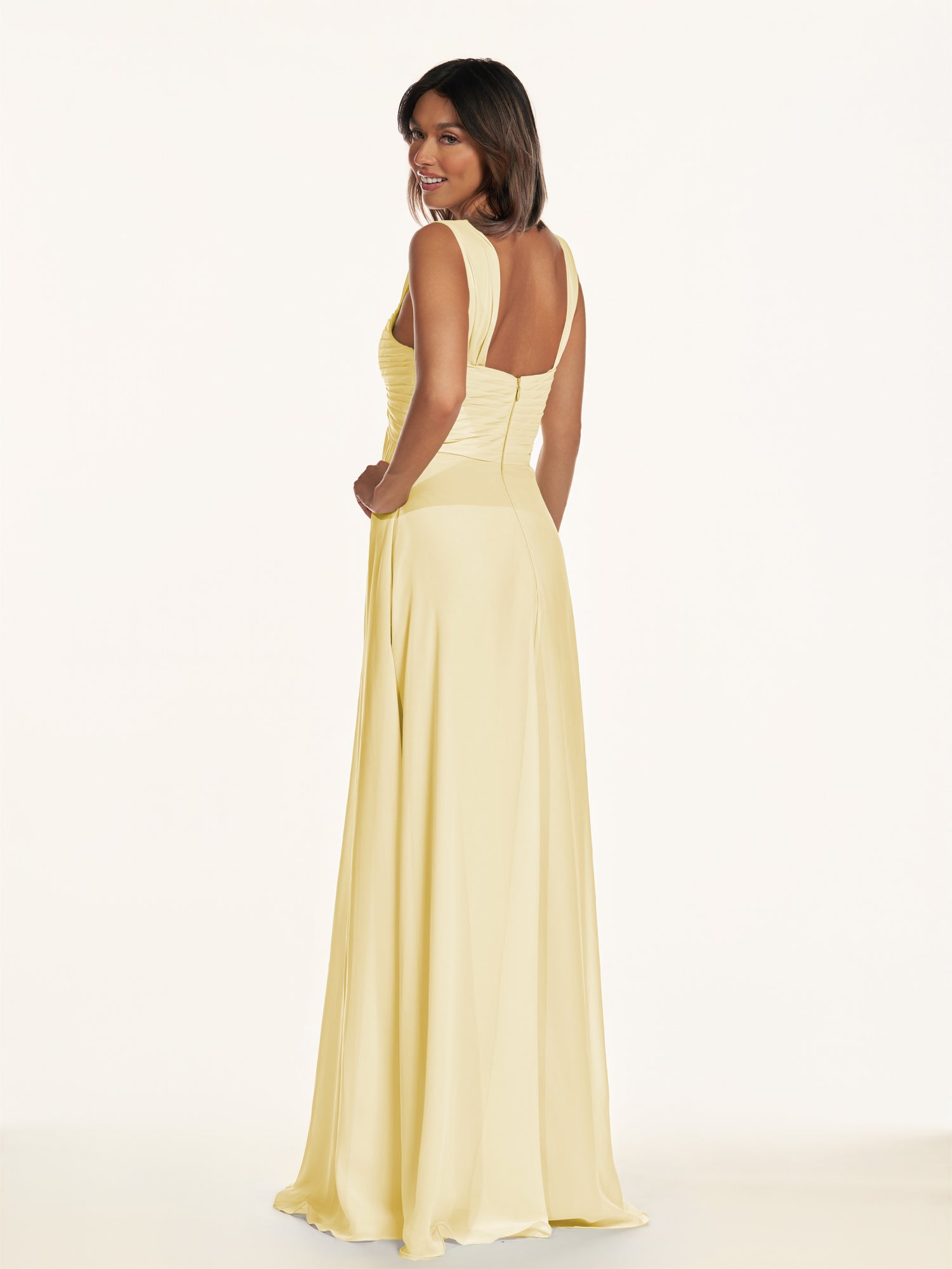 KissDress-Breona Pastel Yellow A Line Chiffon Off the Shoulder Twisted Long Bridesmaid Dress