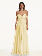 KissDress-Breona Pastel Yellow A Line Chiffon Off the Shoulder Twisted Long Bridesmaid Dress