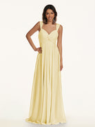 KissDress-Breona Pastel Yellow A Line Chiffon Off the Shoulder Twisted Long Bridesmaid Dress
