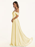 KissDress-Breona Pastel Yellow A Line Chiffon Off the Shoulder Twisted Long Bridesmaid Dress